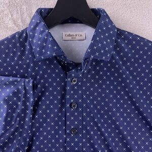 Collars & Co. Dress Collar Polo Shirt Mens Size Medium Navy Geometric Stretch